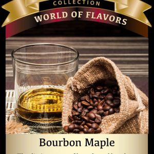 a bag of beans sitting next to a glass of auburn bourbon with the description of the flavor