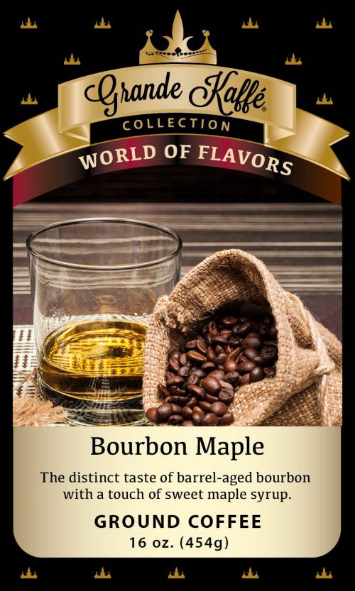 a bag of beans sitting next to a glass of auburn bourbon with the description of the flavor